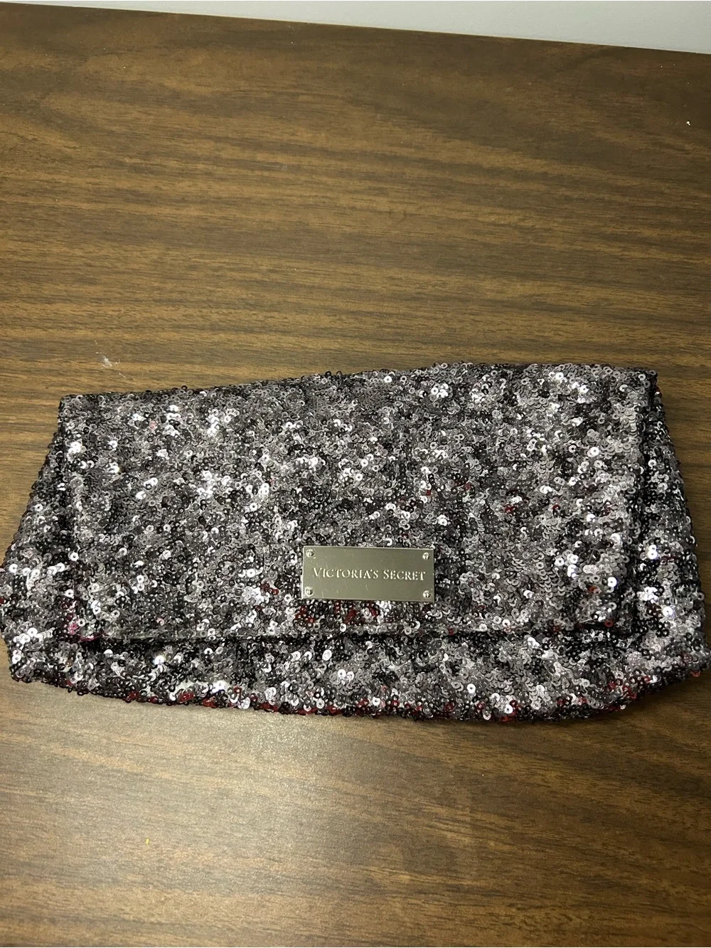 Victoria’s Secret Silver Sequin Foldover Clutch Cosmetic Makeup Bag 8 Inch